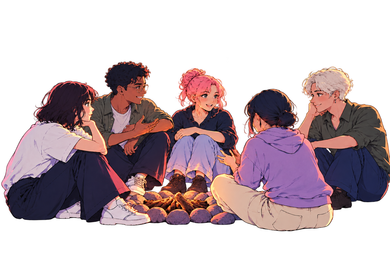 Five adults gathered in conversation around a campfire